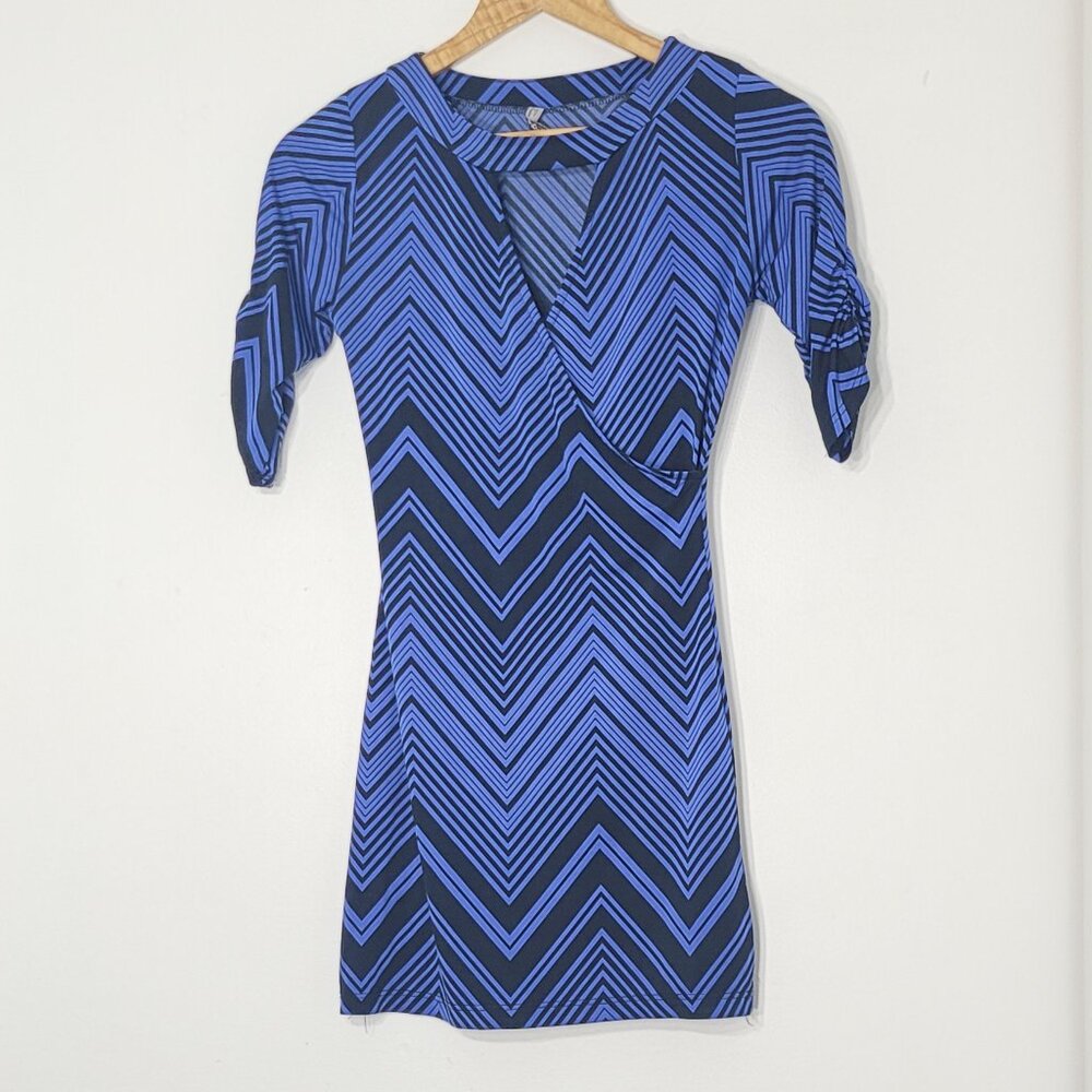 Women's Blue Black Chevron Pattern Short Sleeves Faux Wrap Mini Dress Tunic Top